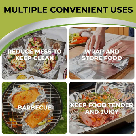 Multiple uses of Pro Grade Aluminum Foil Sheets 12x10.75 Pop Up Box Dispenser for barbecue, wrapping food, and keeping food juicy.