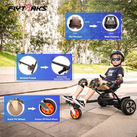Child using Go Kart Seat Attachment For Self Balancing Scooters Convert Your Hoverboard Into A Street Ready Rugged Off Road Go Kart