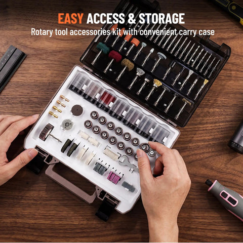 Hands organizing DIY Ready 420 Piece Rotary Tool Accessories Kit for Dremel with carry case on a table.