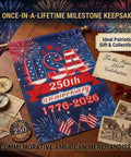 All American 250th Anniversary USA Garden Flag for Outdoor Celebration on wooden table with patriotic memorabilia, 12x18 inch