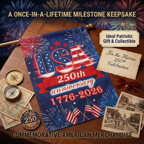 All American 250th Anniversary USA Garden Flag for Outdoor Celebration on wooden table with patriotic memorabilia, 12x18 inch
