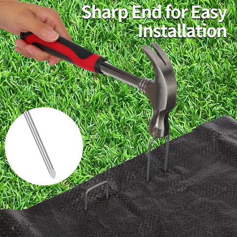 Using a hammer to install 200 Pack 6 Inch Landscape Staples, 11 Gauge Galvanized U Shaped Garden Stakes for lawn setup