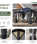 10x12 Ft Hardtop Aluminum Gazebo With Curtains And Netting on a patio, featuring a double polycarbonate roof and water gutter drain.
