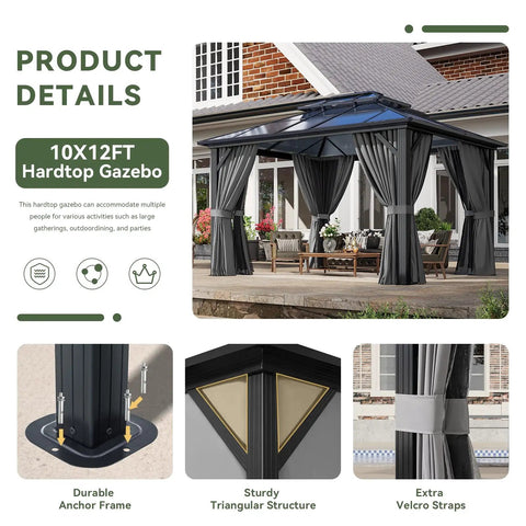 10x12 Ft Hardtop Aluminum Gazebo With Curtains And Netting on a patio, featuring a double polycarbonate roof and water gutter drain.