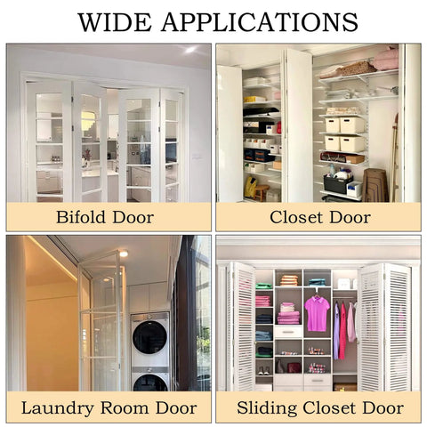 Wide applications of Spring Loaded Bi-Fold Door Top Roller Guide Wheel And Pivot Kit 4 Pack Hardware Repair Kit shown on various doors.