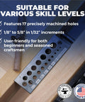 Doweling Tool For Precision Woodworking, Premium Dowel Maker With Seventeen Hole Plate, A2 Tool Steel on wood surface