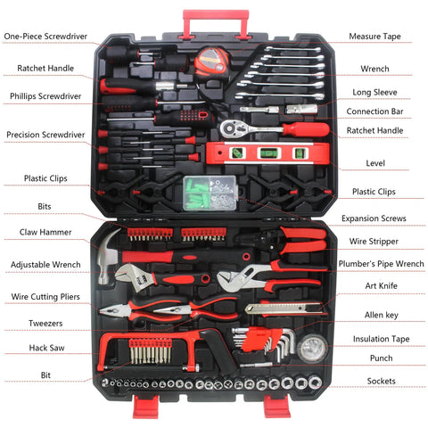 Open case showing All In One 238 Piece Home Tool Set For DIY Repairs With Wrenches Hammers Hex Keys And Storage Case, organized layout.