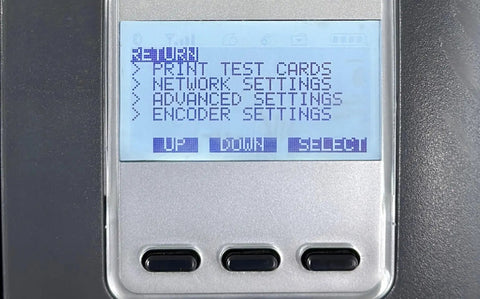 Control panel display of Solid Workhorse Dual-Sided ID Card Printer With Built-In Laminator And USB LAN Connectivity showing settings.