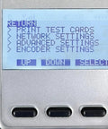 Display screen of Dead Simple Dual Sided ID Card Printer showing menu options for settings and test cards.