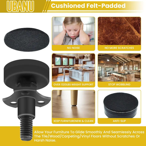 Adjustable Leveling Feet Set 4 Pack Three Eighths Inch 16 Threaded Heavy Duty Beefy Leg Levelers with anti-scratch pads