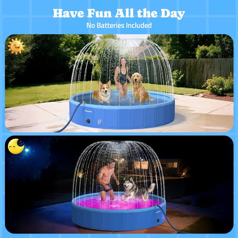 Foldable Dog Pool With Sprinkler And RGB LED Light 72 Inch Collapsible Hard Plastic Bathing Pool For Small And Large Dogs Cats And Kids Portable Wading Pool For Backyard Camping And Outdoor Cooling For Backyard Fun