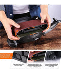 Heavy Duty 600W Electric Belt Sander With Variable Speed Control demonstrating sand belt installation process for woodworking.