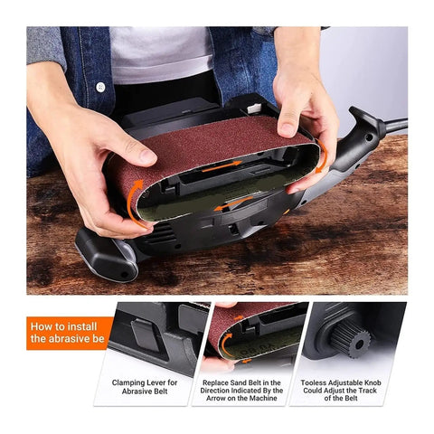 Heavy Duty 600W Electric Belt Sander With Variable Speed Control demonstrating sand belt installation process for woodworking.