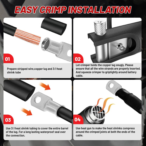 Marine Grade Wire Lugs Kit With 20 Pcs 4 AWG Tinned Copper Ring Terminals And Three To One Dual Wall Adhesive Heat Shrink Tubing installation steps