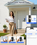 Woman approaching home with Direct WiFi Built In Smart Lock With Handles No Hub Required Fingerprint Keyless Entry App Remote And Voice Control Electronic Front Door Deadbolt installed