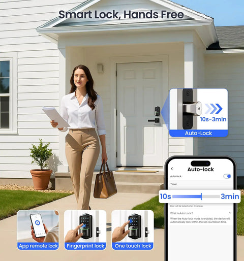 Woman approaching home with Direct WiFi Built In Smart Lock With Handles No Hub Required Fingerprint Keyless Entry App Remote And Voice Control Electronic Front Door Deadbolt installed