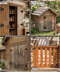 Eight Pack 4.5 Inch Antique Cast Iron T Hinges on wooden furniture, dog kennel, barn door, and fence gate.