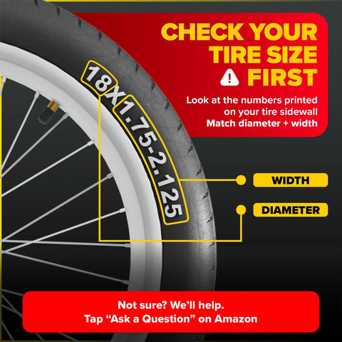 Close-up of tire sidewall showing size guide for 18 Inch Bike Inner Tube Set Fits 18x1.50 To 18x2.125 Tires Heavy Duty Butyl Rubber