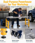 Heavy-Duty Welding Station With Locking Rolling Wheels And Perforated Work Platform For Metal Fabrication And Auto Maintenance in use