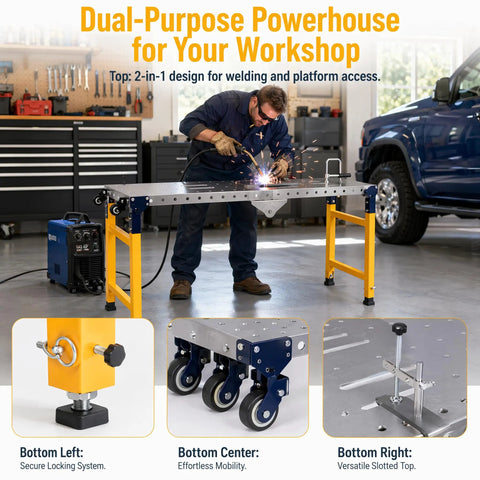 Heavy-Duty Welding Station With Locking Rolling Wheels And Perforated Work Platform For Metal Fabrication And Auto Maintenance in use