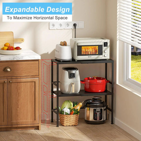 Two Tier Expandable Metal Storage Shelves Built For Tough Use With Adjustable Heights From 18.7 To 28.3 Inches Heavy Duty 150 Lbs Per Shelf Utility Rack For Kitchen Garage Laundry Bathroom Pantry And Warehouse, black kitchen rack