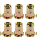 Top Shelf Carbon Steel Rivet Nuts M6 Thread Inserts Half Hex Nutsert Assortment Kit 60 Pieces Zinc Plated Yellow, showcasing ten half hex rivet nuts.