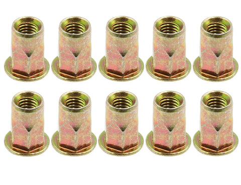 Top Shelf Carbon Steel Rivet Nuts M6 Thread Inserts Half Hex Nutsert Assortment Kit 60 Pieces Zinc Plated Yellow, showcasing ten half hex rivet nuts.