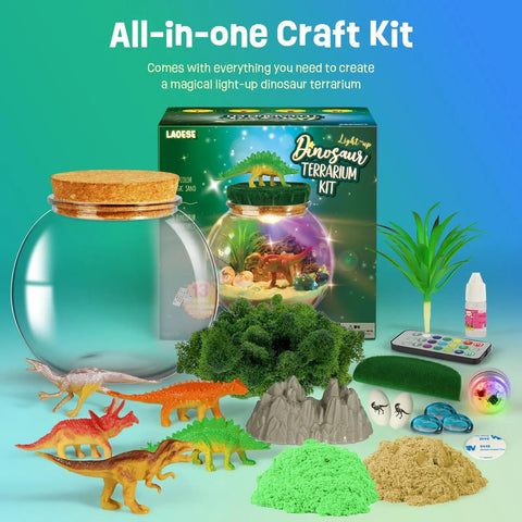 Dinosaur Terrarium Kit For Kids With LED Night Light And Remote Control DIY Dino Toys Arts And Crafts Set displayed with components