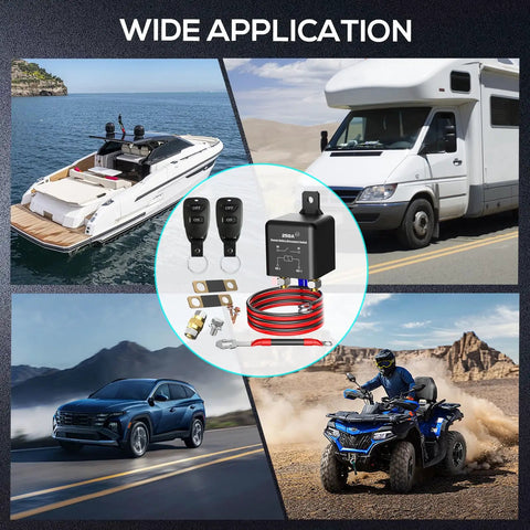 Wide application of Remote Battery Disconnect Switch Kit 12V 250A for car, truck, RV, boat with remote control and accessories.
