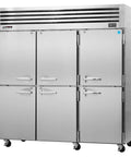 Kickass Commercial Reach In Refrigerator Seventy Six Cubic Feet Space Six Solid Half Doors sleek stainless steel for pro kitchens.