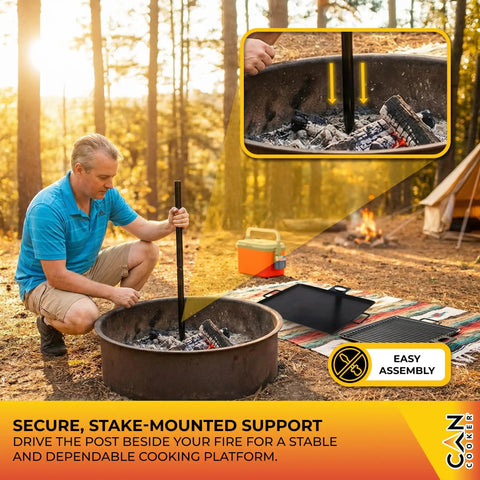 Man setting up Open Flame Campfire Grill And Skillet Combo For Outdoor Cooking with pole in fire pit, camping scene in background