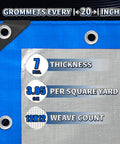 Close-up of Beefy Heavy Duty 10x12 Foot Tarp 7 Mil Thick Waterproof Poly Cover with grommets, blue and silver design.