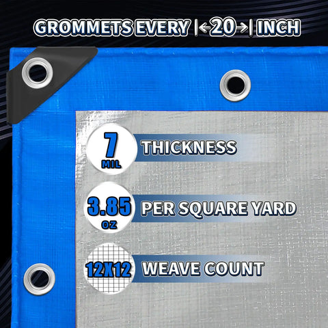 Close-up of Beefy Heavy Duty 10x12 Foot Tarp 7 Mil Thick Waterproof Poly Cover with grommets, blue and silver design.