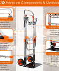 3 In 1 Folding Hand Truck Dolly Cart With Wheels Built Tough Heavy Duty Aluminum Collapsible Moving Cart 600 Lbs Capacity Convertible Dolly showcasing premium components and materials with labels