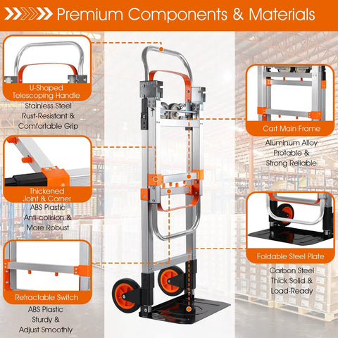 3 In 1 Folding Hand Truck Dolly Cart With Wheels Built Tough Heavy Duty Aluminum Collapsible Moving Cart 600 Lbs Capacity Convertible Dolly showcasing premium components and materials with labels