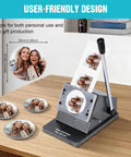 Photo Magnet And Badge Maker Kit With Press, Cutter, And 100 Magnetic Badge Sets on wooden table, user-friendly design