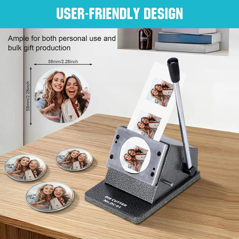 Photo Magnet And Badge Maker Kit With Press, Cutter, And 100 Magnetic Badge Sets on wooden table, user-friendly design