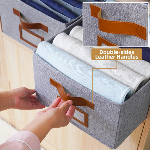 Foldable Wardrobe Organizer With 7 Large Grids For Clothes Jeans Sweaters And Tees 3 Pack Fabric Storage Bins with leather handles