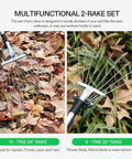 Two Piece Adjustable Leaf Rake Set With Telescoping Handles And Collapsing Tines for Yard Cleanup shown in garden use.
