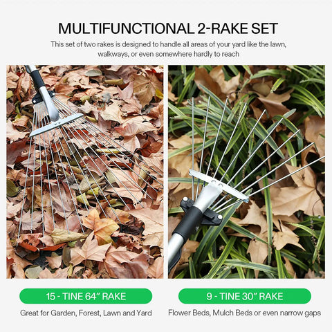 Two Piece Adjustable Leaf Rake Set With Telescoping Handles And Collapsing Tines for Yard Cleanup shown in garden use.