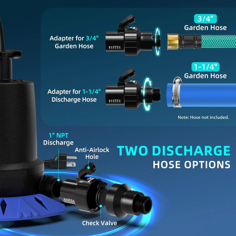 Automatic Pool Cover Pump With 1/4HP, 1800 GPH Submersible Sump Pump, adapters for 3/4 and 1-1/4 inch hoses displayed