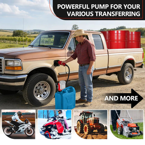 Man using 5GPM Cordless Fuel Transfer Pump With Auto Stop And Hand Nozzle, Built For DeWalt 20V And Milwaukee 18V Batteries