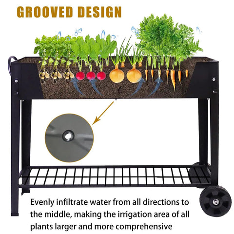 Big Outdoor Raised Garden Bed With Legs And Wheels Metal Planter Box For Vegetables Flowers And Herbs Elevates Your Patio Or Backyard Grow Space Forty Inch Long By Eleven Inch Wide By Thirty One And A Half Inch High showing soil and plants