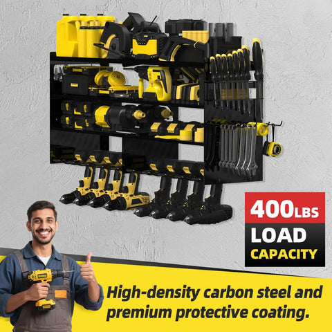 Heavy Duty Wall Mounted Tool Organizer With Eight Cordless Drill Holders, Four Layer Garage Storage Rack, 600 Lb Capacity.