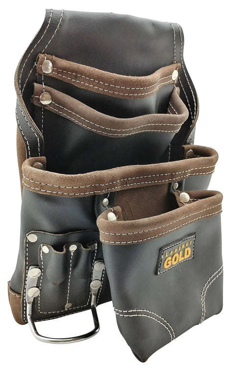 Oil Tanned Leather Tool Pouch For Carpenters With 10 Pockets And 2 Hammer Holders Heavy Duty Construction Pouch With Reinforced Seams