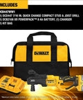 Badass Heavy Duty Cordless Stud And Joist Drill Kit Includes 20V Max Battery And Charger With Anti Rotation Feature And Massive 4 Inch Hole Capacity Designed To Crush Wood Projects Like A Champ with drill, battery, charger, and kit bag.