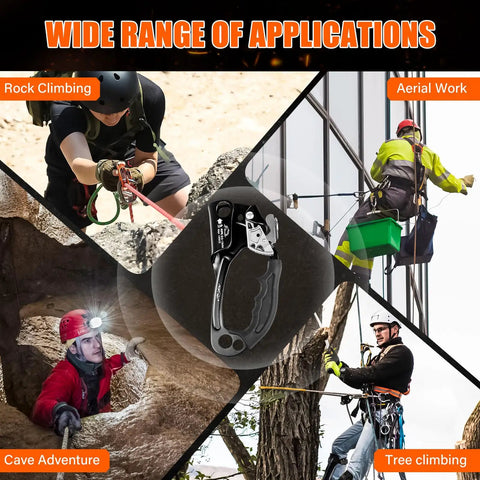UIAA CE Certified Rope Ascender Aluminum Alloy Climbing Gear in use for rock climbing, aerial work, caving, and tree climbing.