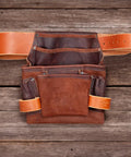 Top view of All Leather Heavy Duty Tool Pouch For Pros Reinforced Seams Pro Grade 4 Pocket Framing Pouch With Hammer Loop