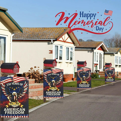 250th Anniversary USA Garden Flag Outdoor Double Sided Totally Patriotic Banner 12x18 Inch displayed on suburban lawns