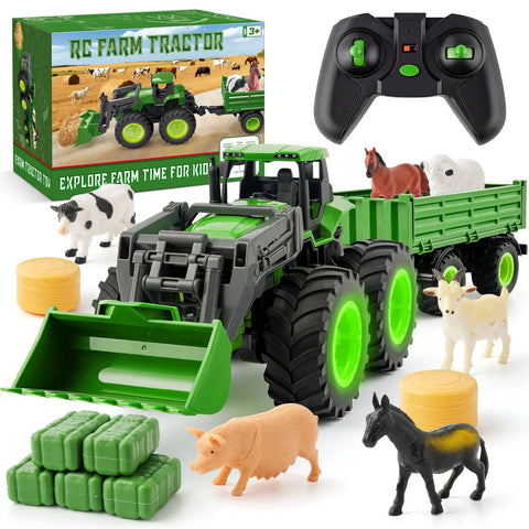 Kid Friendly Upgrade Remote Control Tractor Playset With Front Loader Trailer And Working Lights 2.4GHz RC Farm Vehicle Toys
